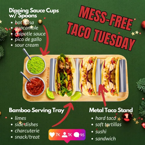 Miniatura 2 de Kit de Soportes para Tacos, Set 3-en-1 - Soporte para Concha de Taco + Bandeja de Servicio + Taza para Salsa, Plato de Presentación para Tacos