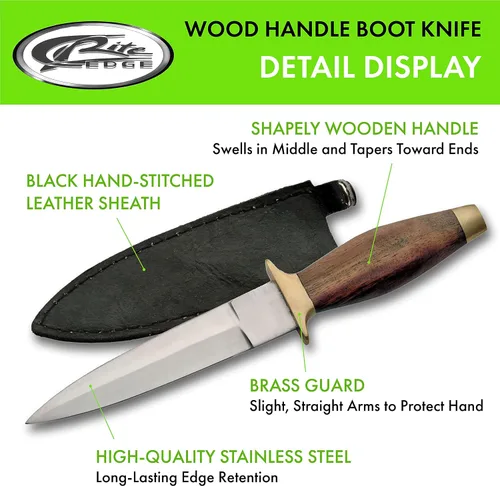 Miniatura 2 de SZCO Supplies - Cuchillo para botas con mango de madera de 9 pulgadas con hoja de acero inoxidable, protector de latón, pomo y funda de clip