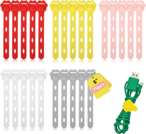 75Pcs Colorful Silicone Cable Ties,2026 New Data Cable Organizer,Reusable Cable Straps,Cable Management Cord Organizer for Fastening Phone Charger