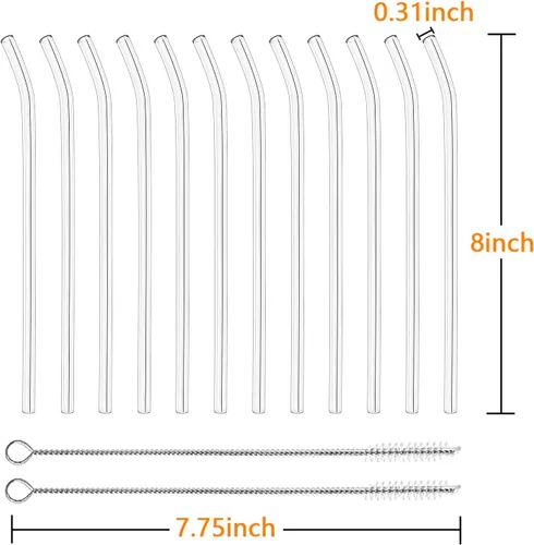 Miniatura 2 de Paquete de 12 popotes de vidrio reutilizables - 8" x 8 MM, popotes de vidrio curvos para beber con 2 cepillos de limpieza, popotes reutilizables