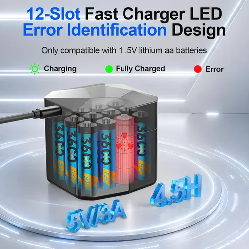 Miniatura 5 de Paquete de 12 Baterías Recargables de Litio AA con Cargador Inteligente de 12 Ranuras, 3600mWh 1.5V Baterías de Litio AA de Voltaje Constante