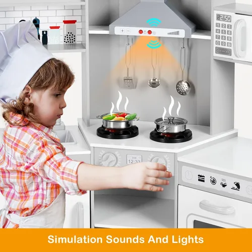 Miniatura 3 de JOYLDIAS Cocina de juego para niños, juego de juguetes de cocina de esquina de madera para niños pequeños, luces y sonidos realistas, horno Blanco