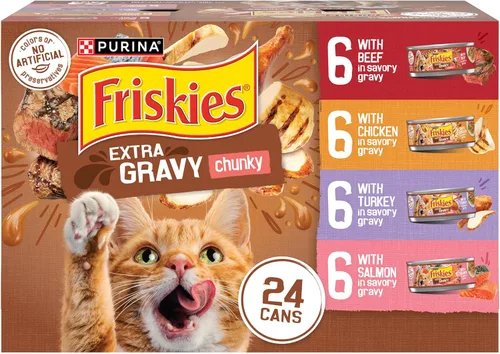 Purina Friskies - Alimento húmedo extra en salsa para gatos, paquete variado de 24 unidades (con pollo, pavo, salmón, carne de res) (paquete de 24)