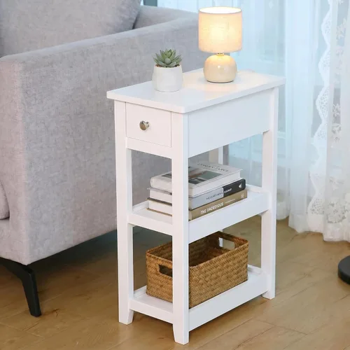 Miniatura 12 de SEJOV Mesa auxiliar estrecha, pequeña mesa auxiliar blanca con cajón y estante de almacenamiento, mesita de noche de madera para sala de estar