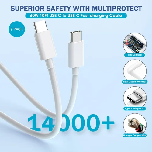 Miniatura 5 de Cable de carga rápida de 3 metros para iPhone 17/16e, paquete de 2 adaptadores Apple QC de 20 W con 2 puertos USB A+C y cable de carga rápida USB C