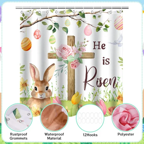 Miniatura 4 de Cortina de ducha de Pascua para baño, cortina de ducha de Pascua con conejo cruzado, 71 x 71 pulgadas, cortina de ducha de resorte de conejo de tela