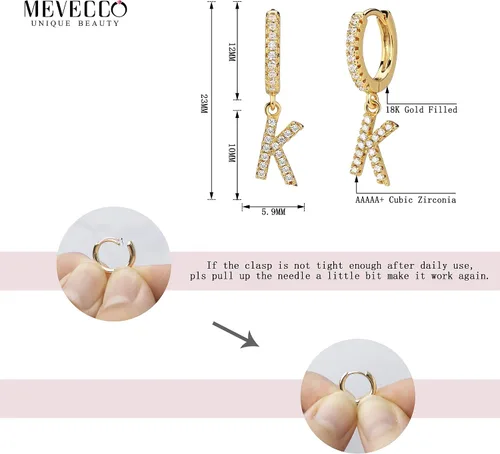 Miniatura 6 de Mevecco Aretes de aro de oro delicado de 18 quilates con circonita cúbica en pavé con iniciales A-Z de 26 letras personalizadas, diminutas colgantes