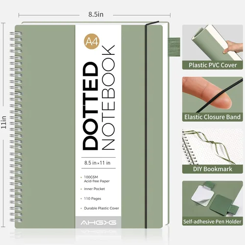 Miniatura 4 de AHGXG Diario de puntos, cuaderno en espiral de cuadrícula de puntos de 8.5 x 11 pulgadas, cuaderno de puntos grande A4, papel grueso de 3.53 oz/m²