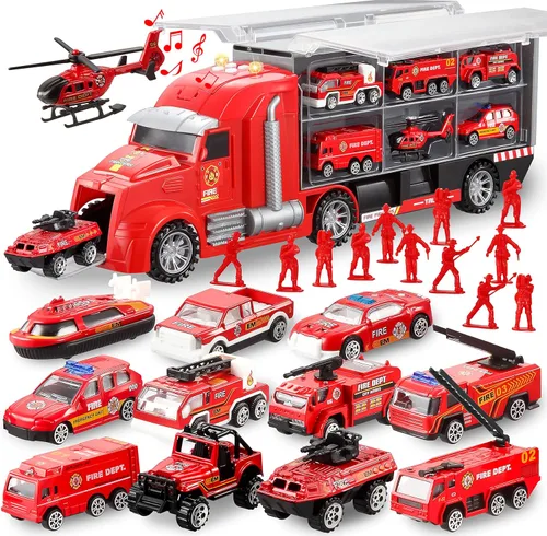 Miniatura 10 de JOYIN Juego de camiones de construcción 25 en 1 con 12 vehículos y 12 figuras de trabajadores, camiones de juguete Push and Go con sonido y luz