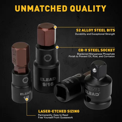 Miniatura 5 de Juego de 16 piezas de enchufe de impacto de broca hexagonal SAE - Juego de enchufe Allen de acero S2 premium de 5/64"-9/16" con adaptadores