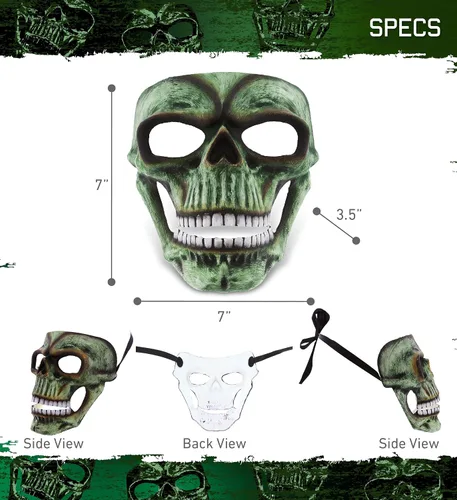 Miniatura 2 de Máscara de esqueleto, disfraz de calavera Steampunk, accesorio de disfraz de cara completa para Halloween, fiestas y eventos de terror Verde