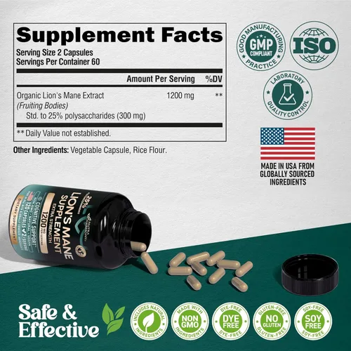 Miniatura 7 de Cápsulas de suplemento de melena de león - Melena de león orgánica - Fabricado en EE.UU. - Extracto de cuerpos fructíferos - 1200 mg, 25%