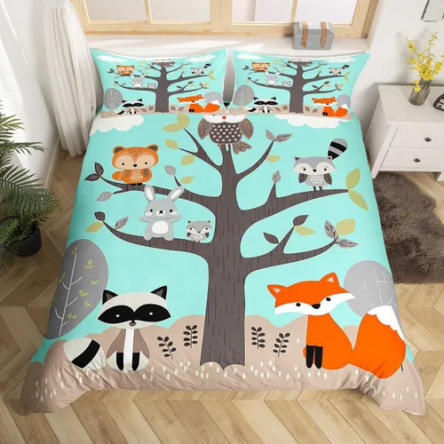Miniatura 2 de Juego de ropa de cama de animales lindos para niños y niñas, guardería, caricaturas, mapache, búho, zorro, funda de edredón con bonitos animales