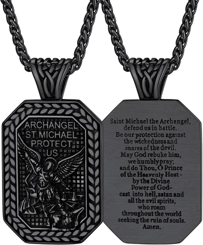 FaithHeart Collar de San Miguel, acero inoxidable, chapado en oro de 18 quilates, amuleto colgante de San Miguel Arcángel para hombres y mujeres con