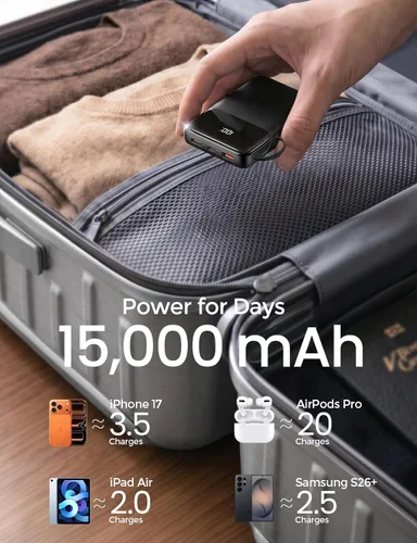 Miniatura 2 de Banco de energía, cargador portátil de 15000 mAh con cable integrado, carga rápida de 22.5 W, 6 salidas, batería esencial de viaje delgada