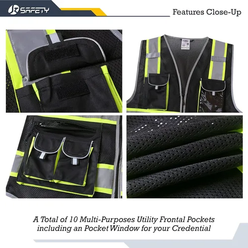 Miniatura 2 de JKSafety - Chaleco de malla de alta visibilidad con 10 bolsillos, color neón, cremallera frontal para hombres y mujeres, utilidad de seguridad