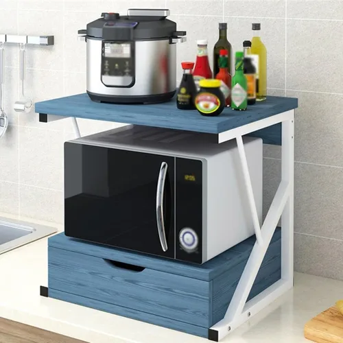 Estante de madera para microondas de 2 niveles con cajón, estante de almacenamiento de cocina, estante organizador para oficina en casa, soporte de