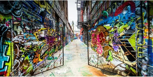 YongFoto Telón de fondo de pared de graffiti urbano de 8 x 4 pies, puerta de hierro colorida, calle abandonada, escuela, fotografía, fondo, música
