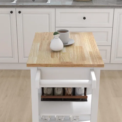 Miniatura 6 de RASOO Carrito de cocina con almacenamiento, pequeño carrito de isla estrecho blanco sobre ruedas, armario de almacenamiento superior de madera