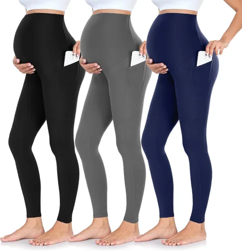 FULLSOFT Paquete de 3 leggings de maternidad para mujer, cintura alta, entrenamiento, embarazo, pantalones de yoga con bolsillos