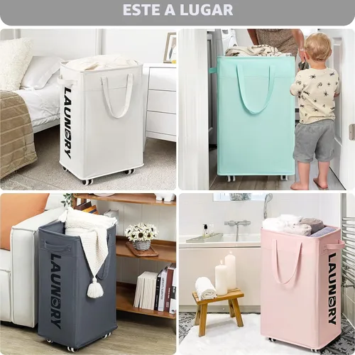 Miniatura 8 de Goodpick - Cesta de lavandería con ruedas, 75L, esenciales para dormitorio de universidad, cesta de ropa con bolsa de lavado extraíble para blanco