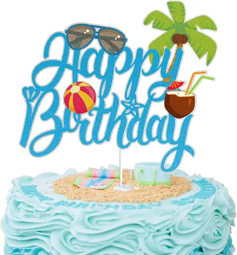 Miniatura 6 de LINGBOOM Summer Beach - Decoración para pastel de cumpleaños con purpurina azul, 4.2 x 5.9 in, multicolor