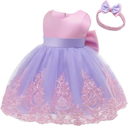 Miniatura 2 de 3M-6T - Vestido de encaje con lazo para niñas pequeñas, vestido de bordado con gorro