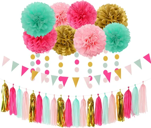 Miniatura 20 de Galentines - Decoraciones de fiesta de color rosa intenso para el día de San Valentín, 23 piezas de cumpleaños para niña, baby shower, serpentinas