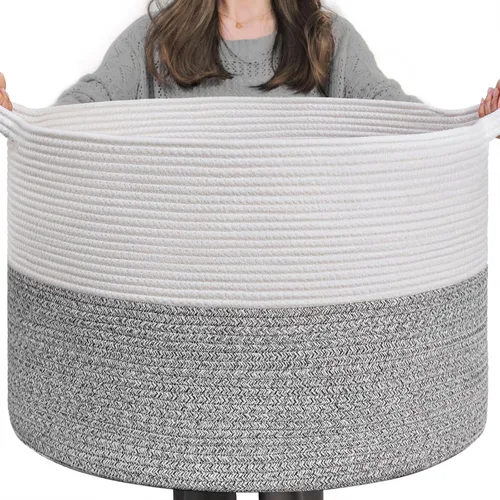 Miniatura 42 de INDRESSME Cesta de Cuerda de Algodón XXXLarge 21.7" x 21.7" x 13.8" Cestas Tejidas para Ropa de Bebé Cestas de Mantas Cesta de Juguetes con Textura