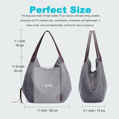 Miniatura 4 de DOURR Bolso de hombro con múltiples bolsillos para mujer bolso de lona de algodón a la moda