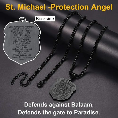 Miniatura 5 de ChainsPro Collar de San Miguel para hombre con oración completa, medallón de arcángel de protección, cadena de 55+2.0 in ajustable, acero inoxidable