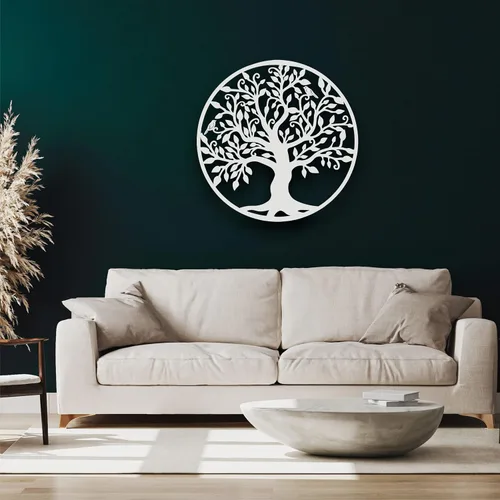 Miniatura 2 de DEKADRON Arte de pared de metal, árbol de la vida blanco, árbol genealógico de metal, silueta de pared de metal, decoración de pared de metal