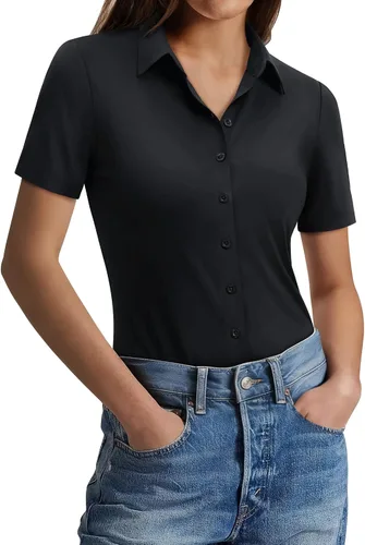 Miniatura 16 de Gleeivy Camisas con botones para mujer, ajustadas, de manga corta, elásticas, para el trabajo, sin arrugas, blusas de oficina