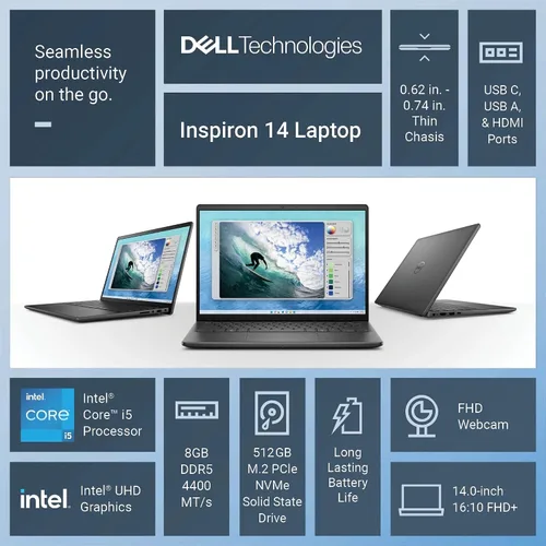 Miniatura 3 de Laptop Dell Inspiron de 14 pulgadas, pantalla FHD+ IPS de 14” 16:10, procesador Intel i5 de 13ª generación hasta 4.6GHz, 16 GB DDR5 RAM, SSD de 512