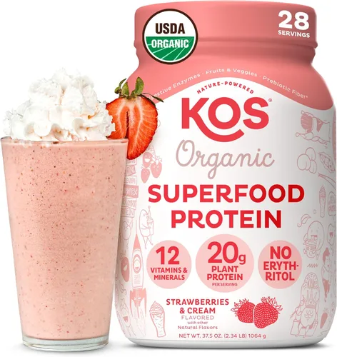 Miniatura 24 de KOS Proteína en polvo a base de plantas, muffin de arándano - Superalimento de proteína de guisantes orgánico con mezcla de espirulina y apoyo