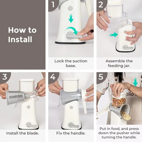 Miniatura 6 de X Home Rallador de queso giratorio 5 en 1 para cocina, rallador de manivela mejorado con base de succión más fuerte y cuchillas de tambor Blanco 5