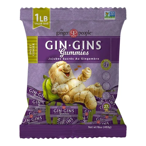 The Ginger People Gin Gins Ginger Gummies - Gomitas dulces de jengibre, antináuseas, 1lb Bolsa