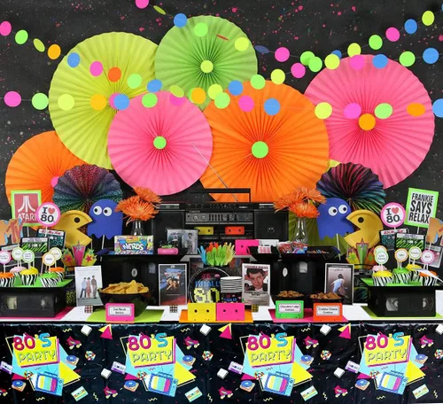 Miniatura 3 de Suministros para fiestas de los años 80 – 122 piezas, platos, servilletas, manteles para decoraciones de fiesta de regreso a los 80 – Sirve 40