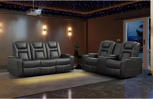 Miniatura 20 de EBELLO Asientos de cine en casa, silla reclinable de imitación de cuero para películas con almacenamiento oculto en los brazos, sofá reclinable