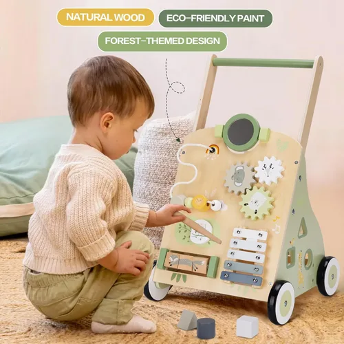 Miniatura 4 de Andador de empuje de madera para bebés y juguete de arrastre de actividades de aprendizaje para niños pequeños - Desarrolla habilidades motoras