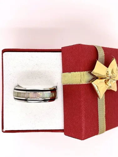 Miniatura 3 de Anillo de ópalo de fuego blanco y esmalte negro plata de acero inoxidable 0315in banda hombres y mujeres tamaño 5 - 14