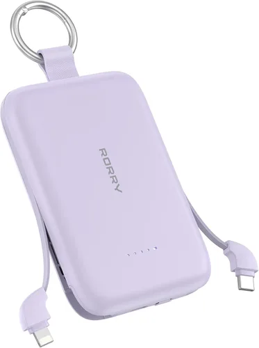 Miniatura 10 de RORRY Cargador portátil, batería externa de 5000mAh con cables incorporados, paquete de batería de llavero de viaje para iPhone 17/16/15/14/13/12