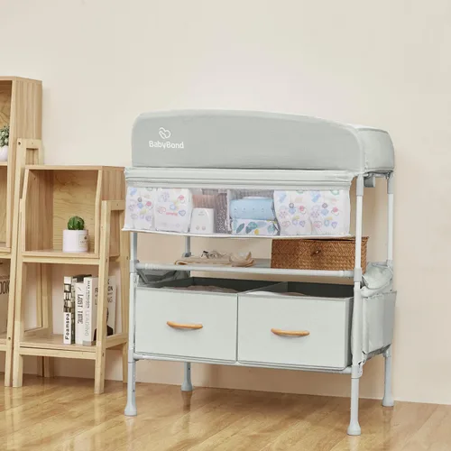 Miniatura 5 de BabyBond Cambiador portátil para bebé con 2 cestas de almacenamiento, cambiador plegable cómoda cambiador de pañales, estación de cambio ajustable