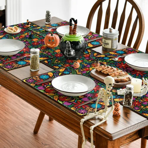 Miniatura 5 de Artoid Mode Manteles Individuales Mexicanos Cinco De Mayo para Mesa de Comedor, 12 x 18 Pulgadas Decoración Floral Fiesta Día De Los Muertos