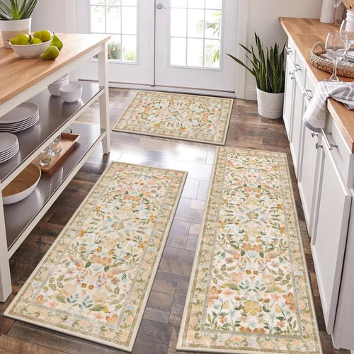 Miniatura 35 de HEBE - Juego de alfombras de cocina bohemias de 3 piezas con corredor, alfombras de cocina antideslizantes y tapetes lavables para piso de cocina