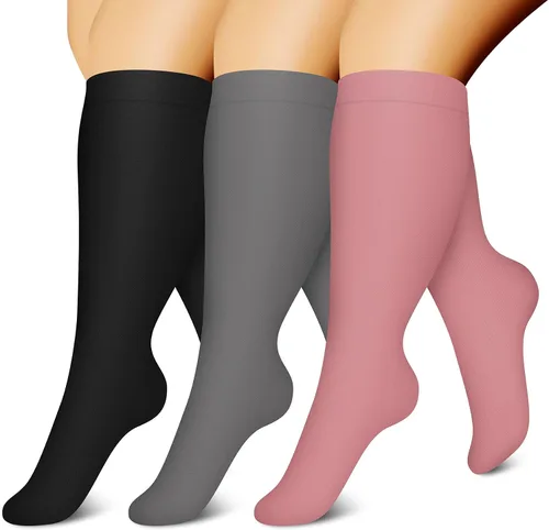 CHARMKING 3 pares de calcetines de compresión de talla grande para mujeres y hombres, pantorrilla extra ancha de 20-30 mmHg, el mejor apoyo para la