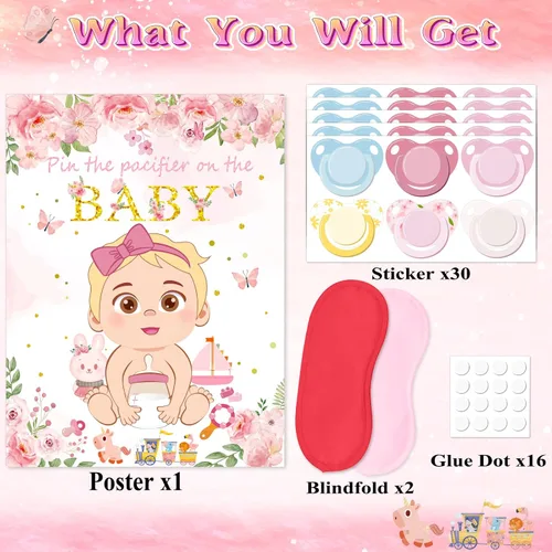 Miniatura 6 de Juego Pon el Chupete al Bebé Rosa Juego de Baby Shower Decoraciones para Fiesta Incluye Póster Grande 30 Pegatinas de Chupete Juego para Baby