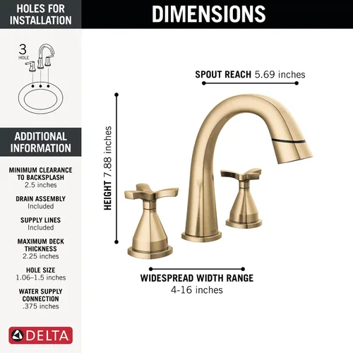 Miniatura 3 de Delta Grifo de baño extraíble Stryke, grifo extraíble de baño, grifo de baño generalizado dorado, 3 agujeros extraíbles, muelle magnético, bronce