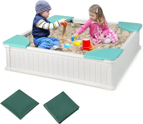 Miniatura 12 de Costzon Caja de arena para niños con cubierta, caja de arena de polietileno de alta densidad de 47 x 47 pulgadas con cubierta Oxford, forro Óxido