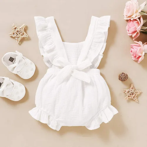 Miniatura 4 de YOUNGER TREE - Overol para bebé, niña, con volantes, sin mangas, mameluco de estilo casual para verano, ropa de lino de algodón